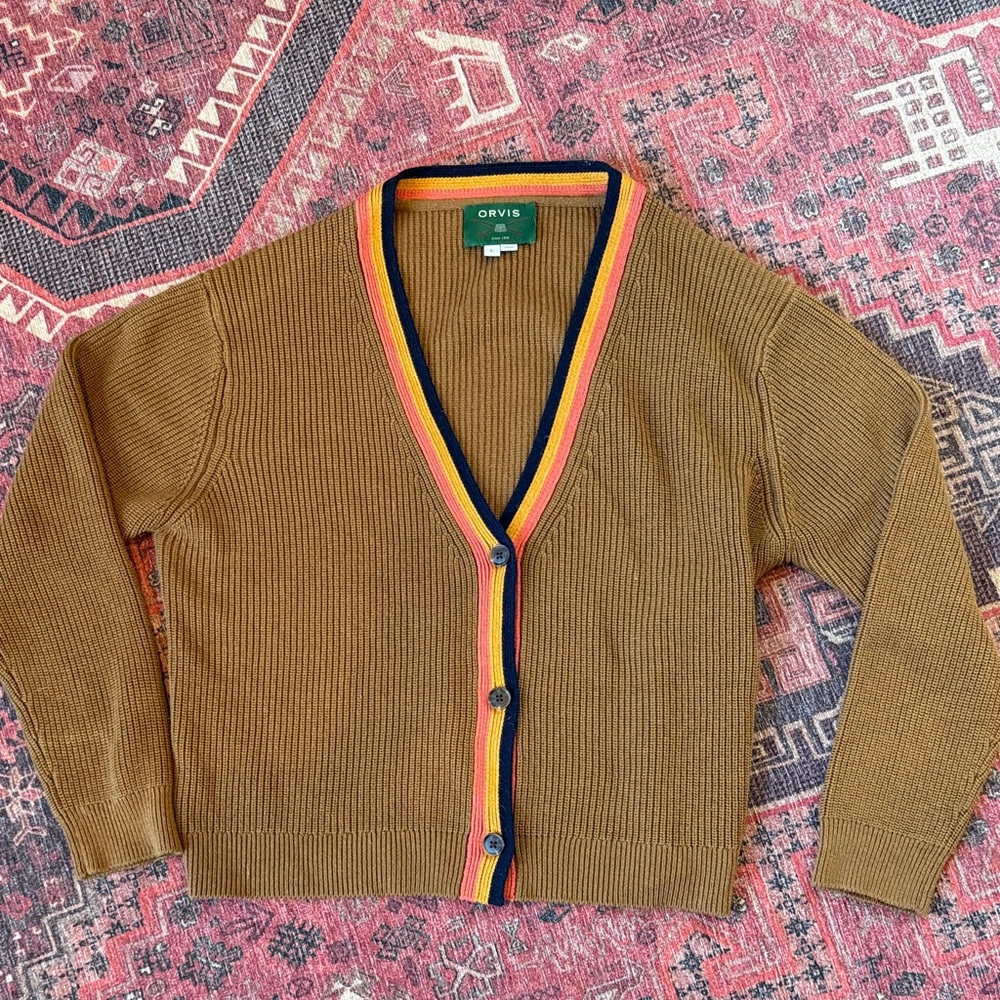 Orvis Tan Cardigan with Colorful Trim